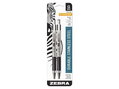 Zebra G-301 Retractable Gel Pen, Medium Point, 0.7mm, Black Ink, 2 Pack (41312)