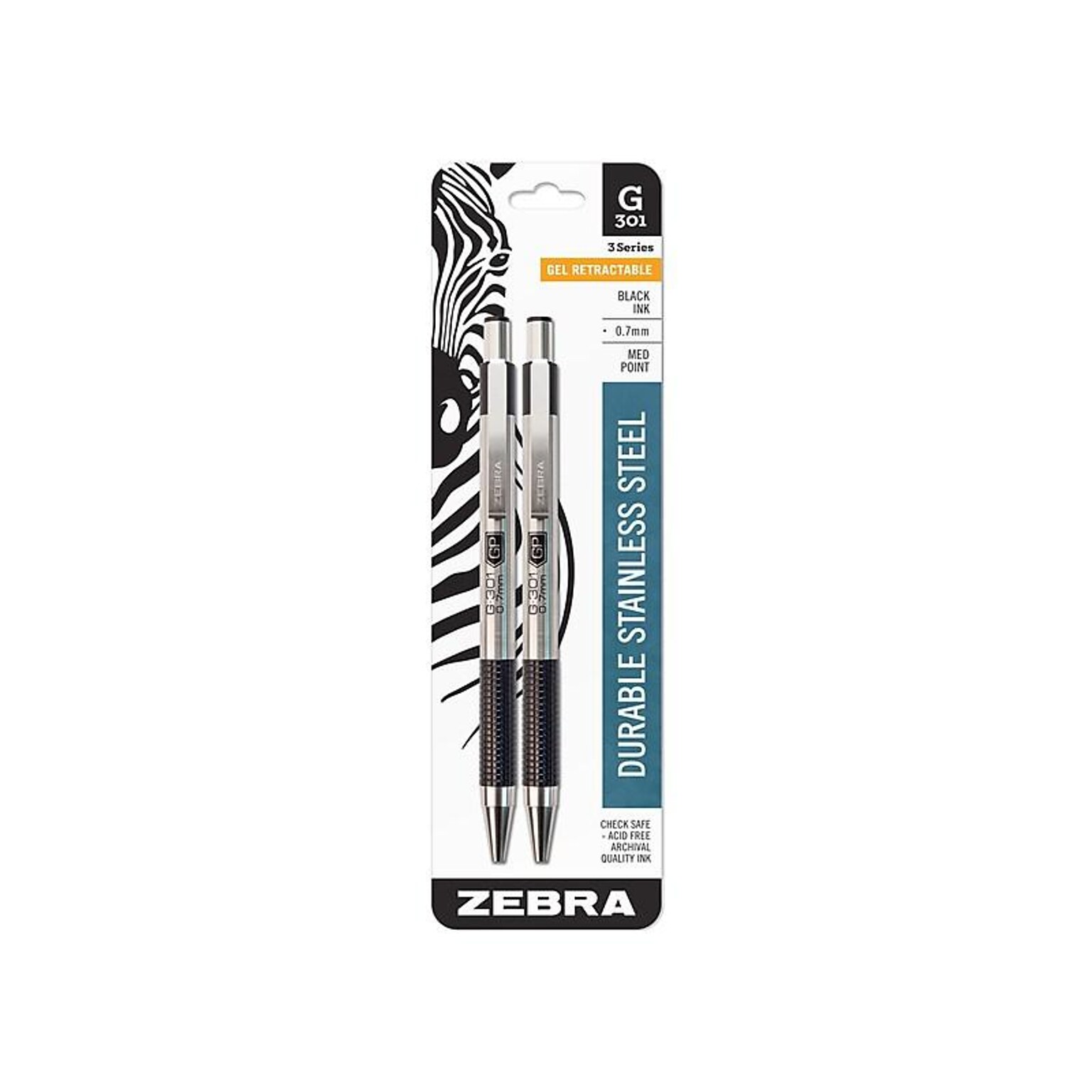 Zebra G-301 Retractable Gel Pen, Medium Point, 0.7mm, Black Ink, 2 Pack (41312)