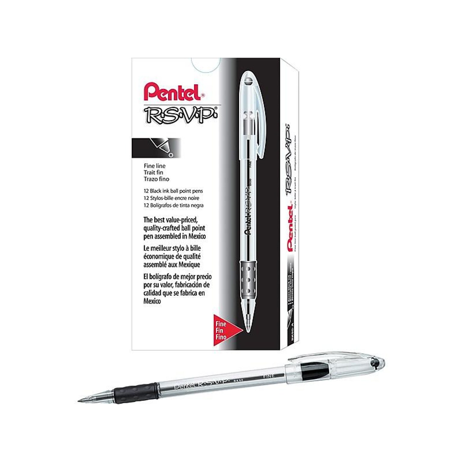 Pentel R.S.V.P. Ballpoint Pens, Fine Point, 0.7mm, Black Ink, Dozen (BK90-A)