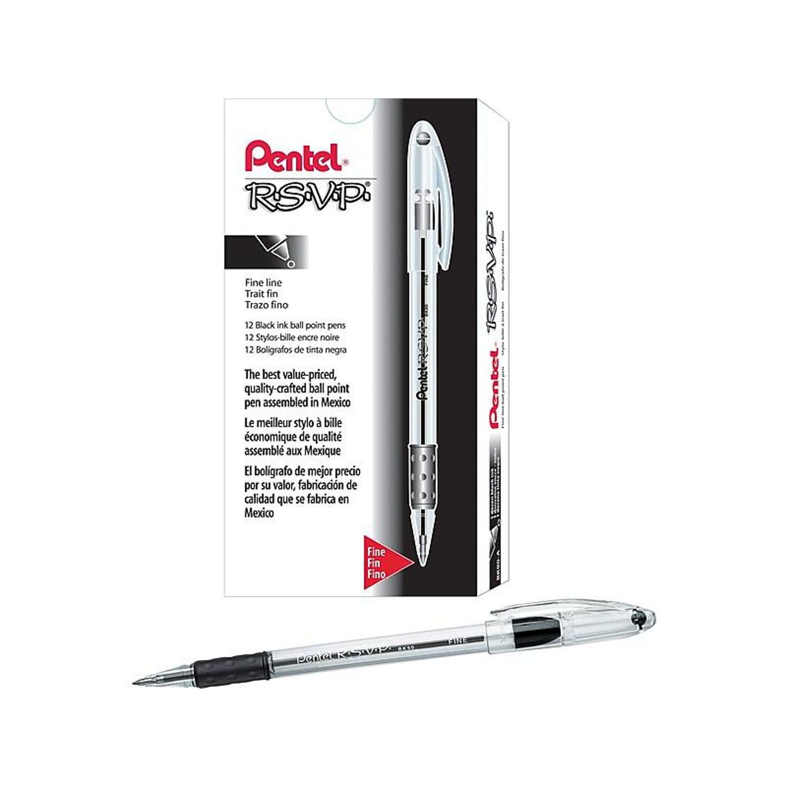 Pentel R.S.V.P. Ballpoint Pens, Fine Point, Black Ink, 12/Pack (BK90-A)