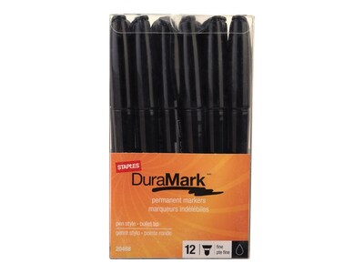 Staples DuraMark Permanent Markers, Fine Point, Black, 12/Pack (20468-CC)