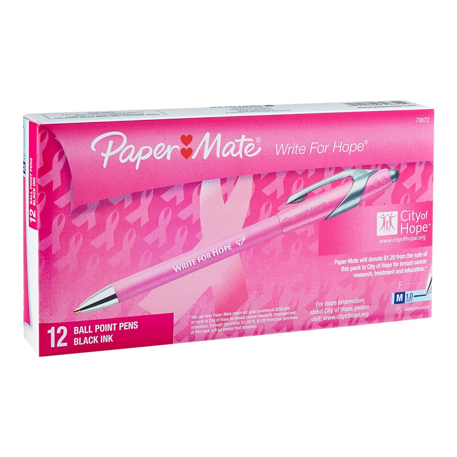 Paper Mate FlexGrip Elite Write for Hope Retractable Ballpoint Pen, Medium Point, Black Ink, Dozen (70672)