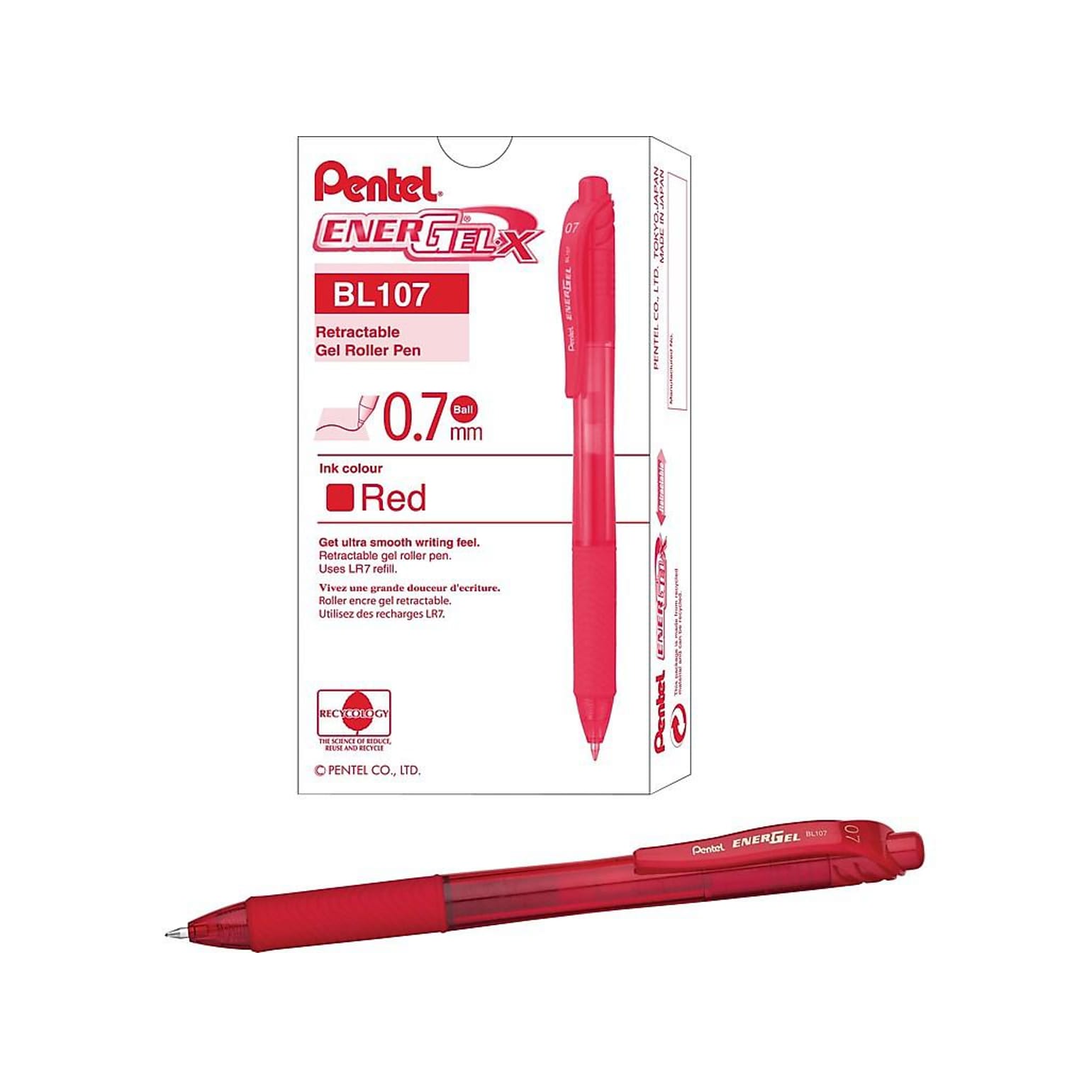 Pentel EnerGel-X Retractable Gel Pens, Medium Point, Red Ink, 12/Pack (BL107-B)