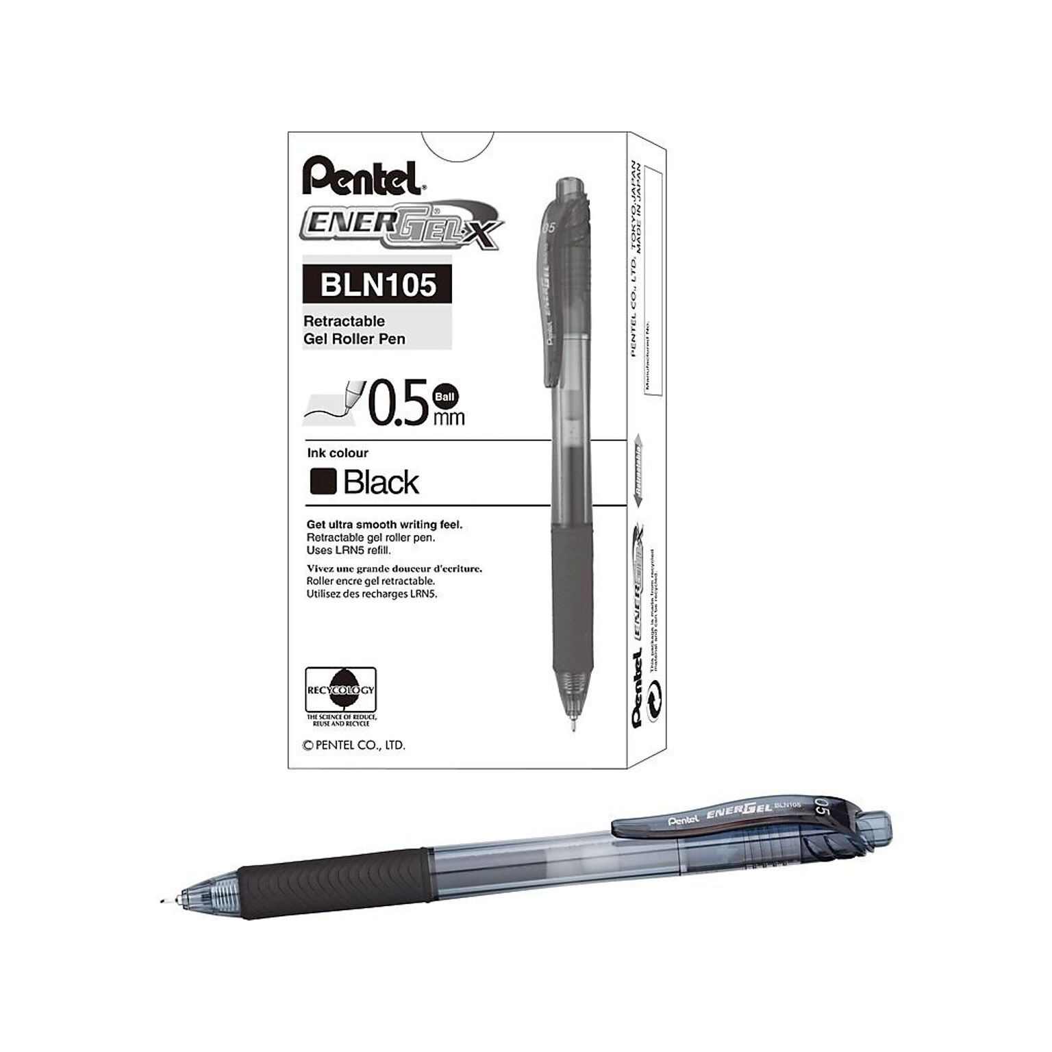 Pentel EnerGel-X Retractable Gel Pens, Fine Point, Black Ink, 12/Pack (BLN105-A)