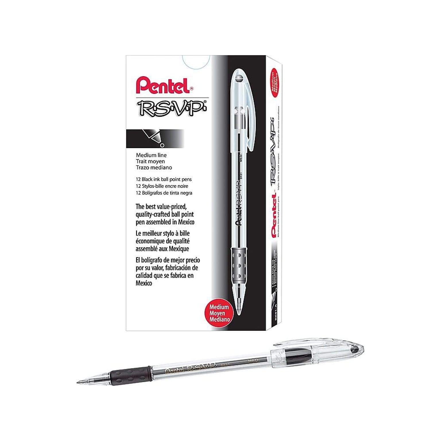 Pentel R.S.V.P. Ballpoint Pens, Medium Point, Black Ink, 12/Pack (BK91-A)