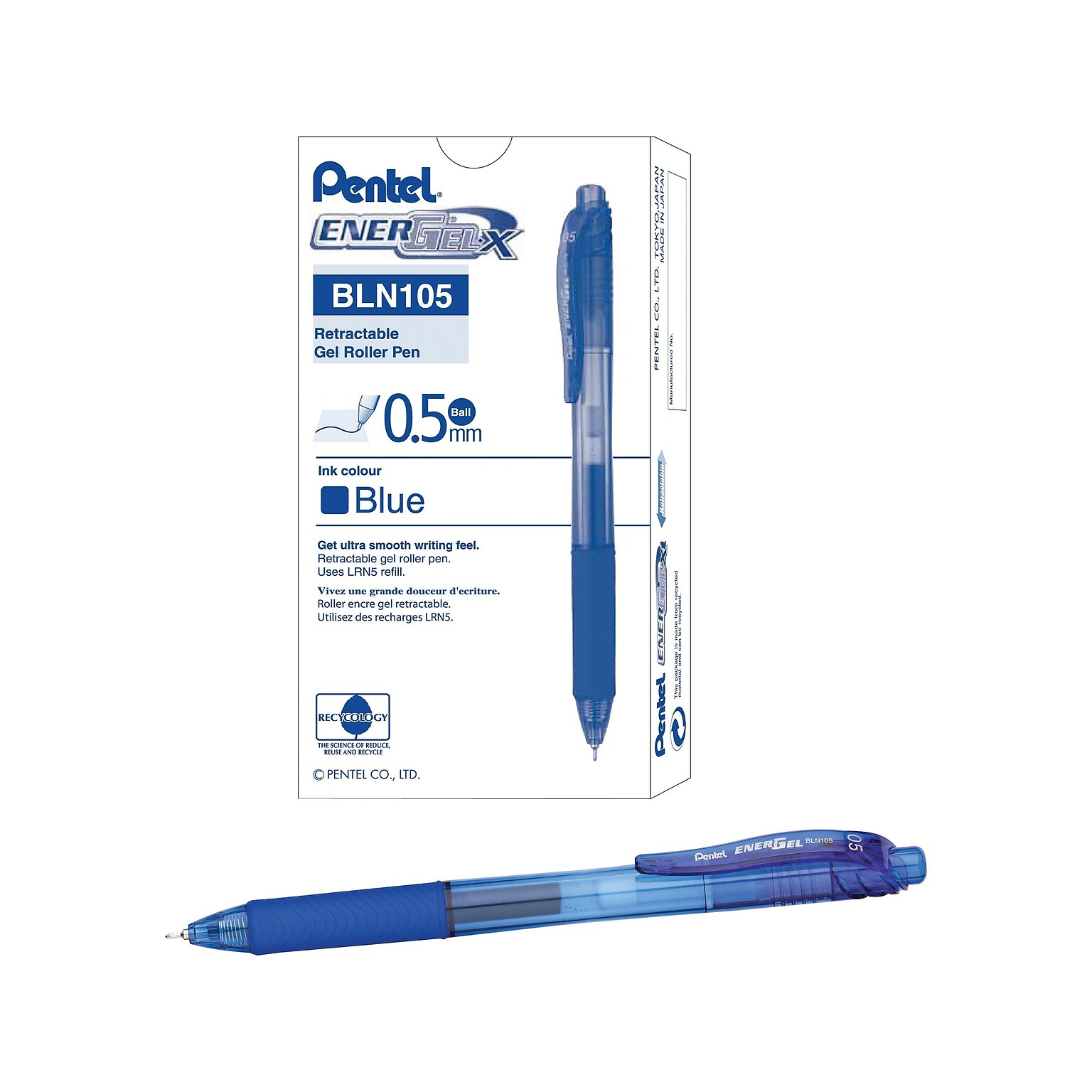 Pentel EnerGel-X Retractable Gel Pens, Fine Point, Blue Ink, 12/Pack (BLN105-C)