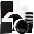 JAM Paper® Party Supply Assortment, Black & White, Plates (2 Sizes), Napkins (2 Sizes), Cups & Tablecloths, 12/Set (225PP2blw)