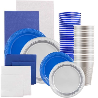 JAM Paper® Party Supply Assortment, Blue & Silver, Plates (2 Sizes), Napkins (2 Sizes), Cups & Tablecloths, 12/Set (225PP2bsl)