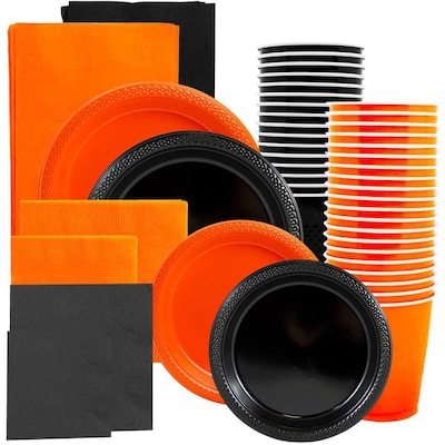 JAM Paper® Party Supply Assortment, Orange & Black, Plates (2 Sizes), Napkins (2 Sizes), Cups & Tablecloths, 12/Set (225PP2obl)