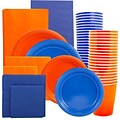 JAM Paper® Party Supply Assortment, Orange & Blue, Plates (2 Sizes), Napkins (2 Sizes), Cups & Tablecloths, 12/Set (225PP2ob)