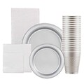 JAM Paper® Party Supply Assortment, Silver, Plates (2 Sizes), Napkins (2 Sizes), Cups & Tablecloth, 6 Items/Set (255PPslv)