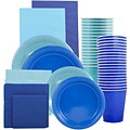 JAM Paper® Party Supply Assortment, Blue & Sea Blue, Plates (2 Sizes), Napkins (2 Sizes), Cups & Tablecloths, 12/Set (225PP2bsb)