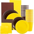 JAM Paper® Party Supply Assort, Brown & Yellow Grad Pack, Plates (2 Sizes), Napkins (2 Sizes), Cups & Tablecloths, 12 Total