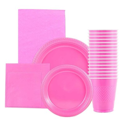 JAM Paper® Party Supply Assortment, Fuchsia Pink, Plates (2 Sizes), Napkins (2 Sizes), Cups & Tablecloth, 6/Set (255PPpink)