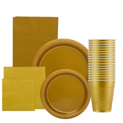 JAM Paper® Party Supply Assortment, Gold, Plates (2 Sizes), Napkins (2 Sizes), Cups & Tablecloth, 6 Items/Set (255PPgld)