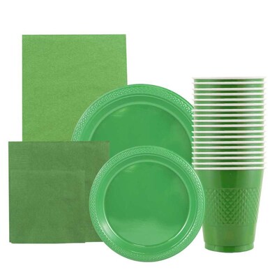 JAM Paper® Party Supply Assortment, Green, Plates (2 Sizes), Napkins (2 Sizes), Cups & Tablecloth, 6 Items/Set (255PPgrn)