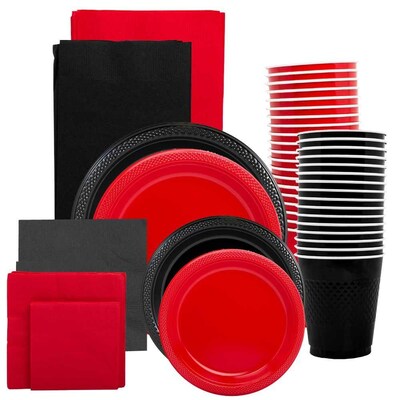 JAM Paper® Party Supply Assortment, Red & Black, Plates (2 Sizes), Napkins (2 Sizes), Cups & Tablecloths, 12/Set (225PP2rbk)