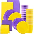 JAM Paper® Party Supply Assortment, Yellow & Purple, Plates (2 Sizes), Napkins (2 Sizes), Cups & Tablecloths, 12/Set (225PP2yp)