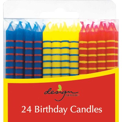 JAM Paper® Birthday Candle Sticks, 2 3/8 x 1/4, Blue, Yellow & Red with Stripes, 24/Pack (5264560345