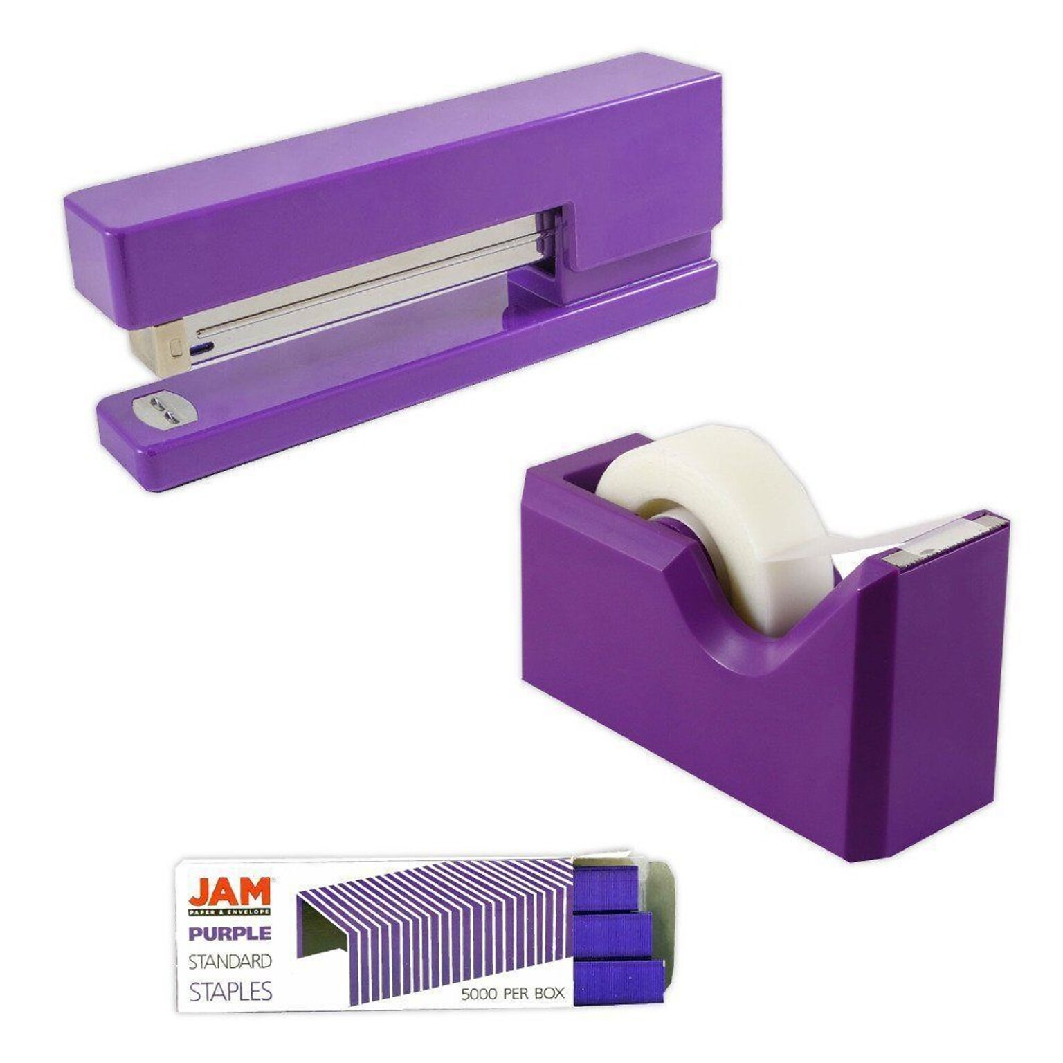 JAM PaperOffice & Desk Sets, (1) Tape Dispenser (1) Stapler (1) Pack of Staples, 20 Sheet Capacity, Purple (33758PU)