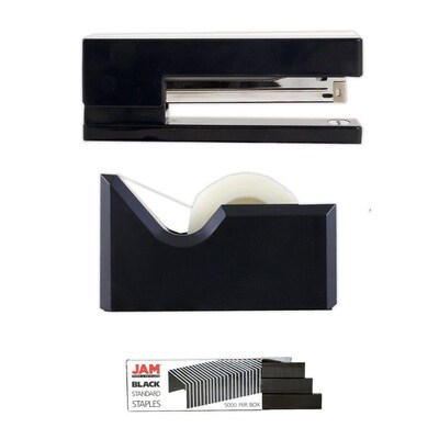 JAM PaperOffice & Desk Sets, (1) Tape Dispenser (1) Stapler (1) Pack of Staples, 20 Sheet Capacity, Black (33758BK)