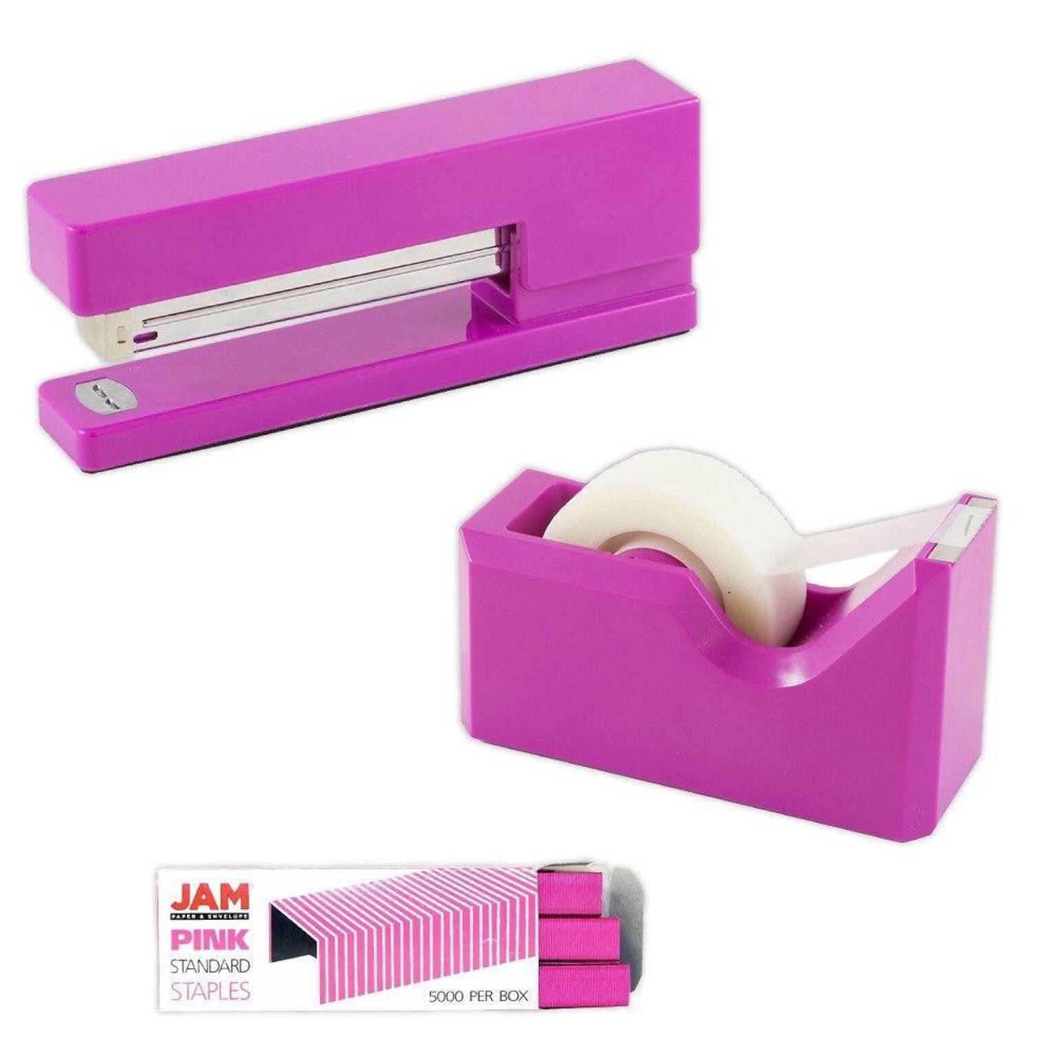 JAM PaperOffice & Desk Sets, (1) Stapler (1) Pack of Staples (1) Tape Dispenser, 20 Sheet Capacity, Fuchsia (33758PI)