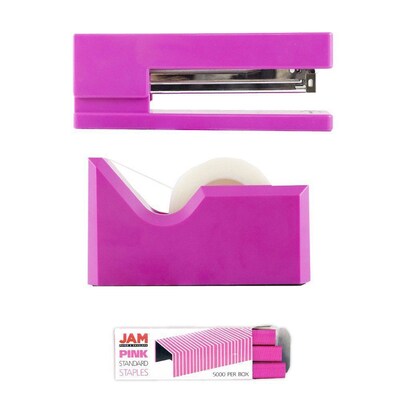JAM PaperOffice & Desk Sets, (1) Stapler (1) Pack of Staples (1) Tape Dispenser, 20 Sheet Capacity, Fuchsia (33758PI)