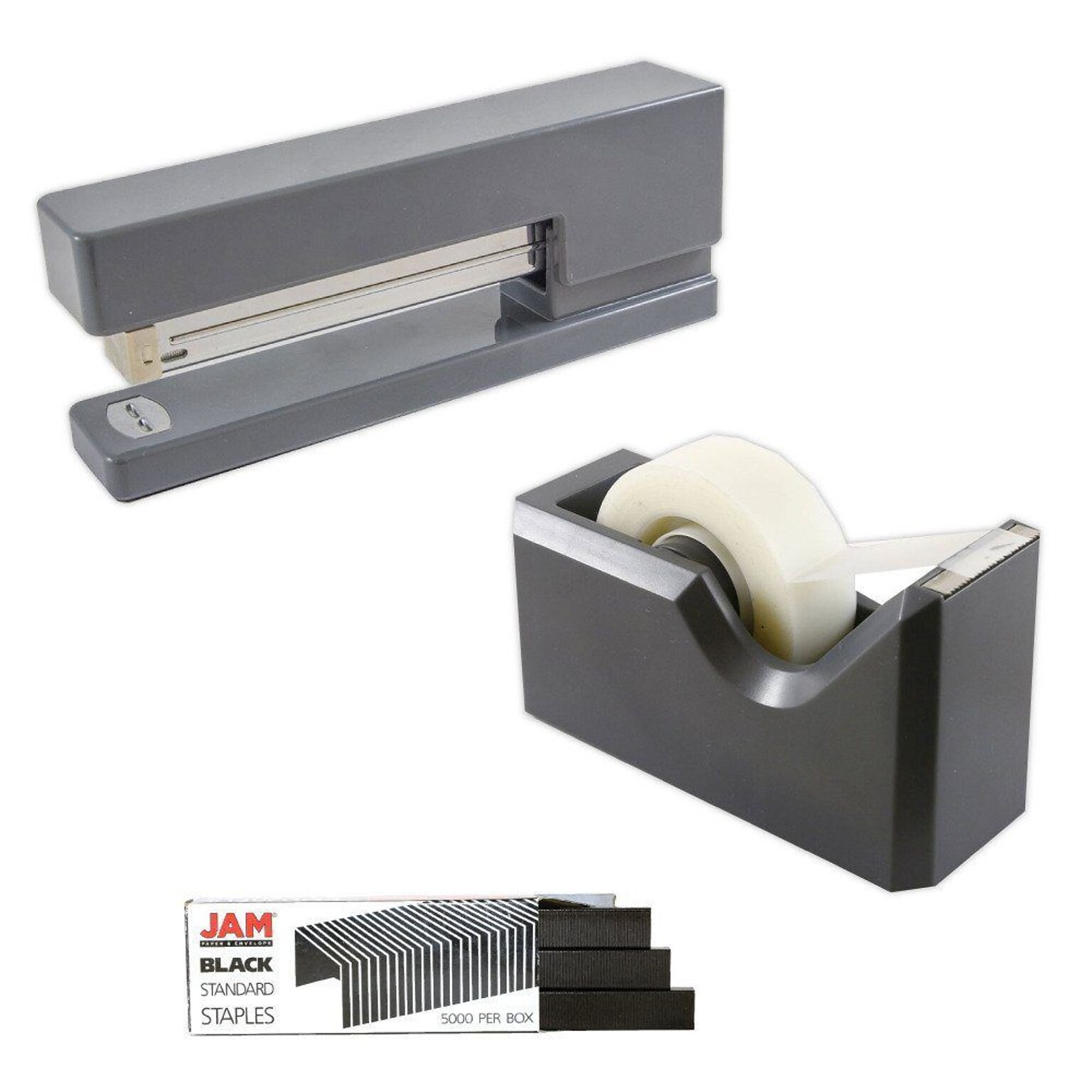 JAM PaperOffice & Desk Sets, (1) Tape Dispenser (1) Stapler (1) Pack of Staples, 20 Sheet Capacity, Gray and Black (33758GYBK)