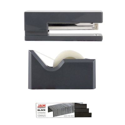 JAM PaperOffice & Desk Sets, (1) Tape Dispenser (1) Stapler (1) Pack of Staples, 20 Sheet Capacity, Gray and Black (33758GYBK)