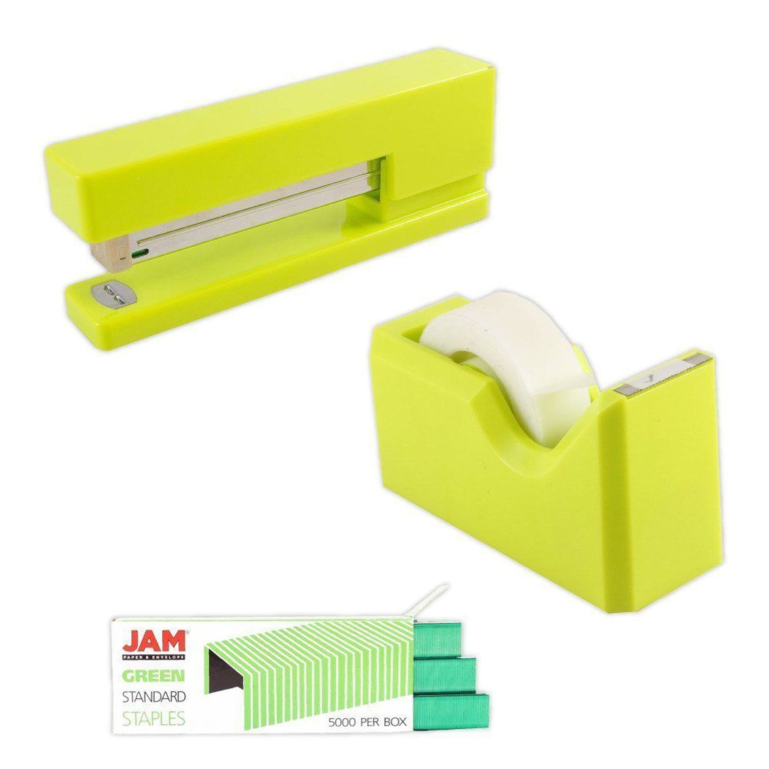 JAM Paper® Office & Desk Sets, 1 Lime Green Tape Dispenser, 1 Lime Green Stapler & 1 Pack of Green Staples, 3/Pack (33758lggr)