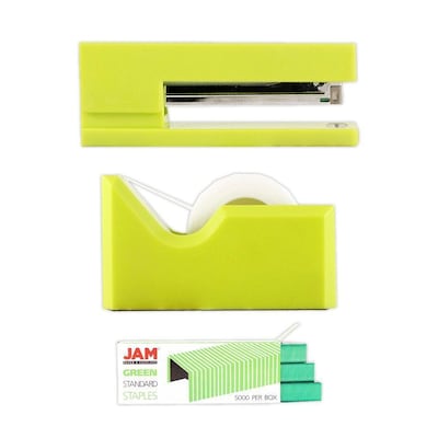 JAM Paper® Office & Desk Sets, 1 Lime Green Tape Dispenser, 1 Lime Green Stapler & 1 Pack of Green S