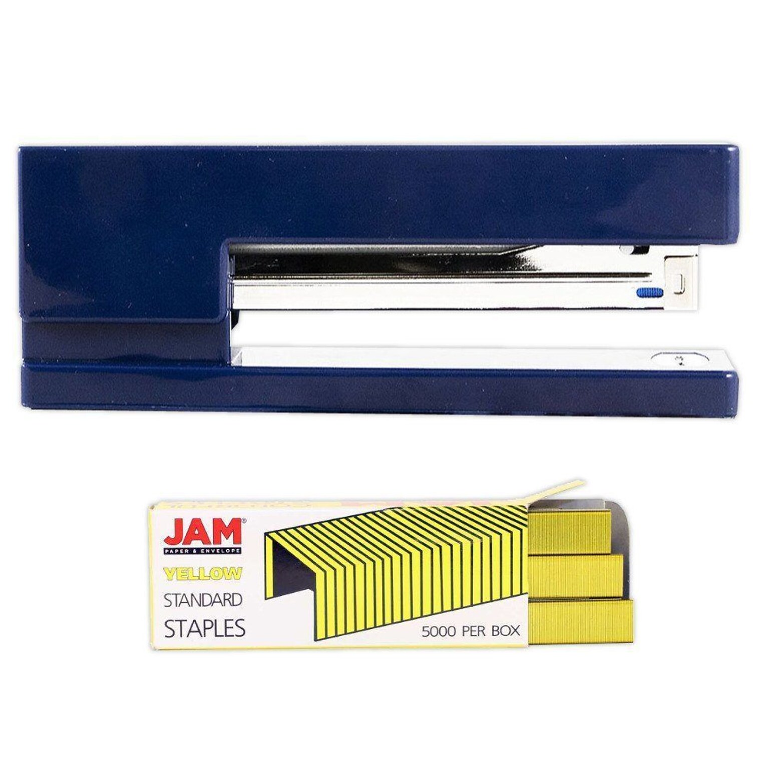 JAM PaperOffice & Desk Sets, (1) Stapler (1) Pack of Staples, 20 Sheet Capacity, Navy and Yellow (3375NBYW)