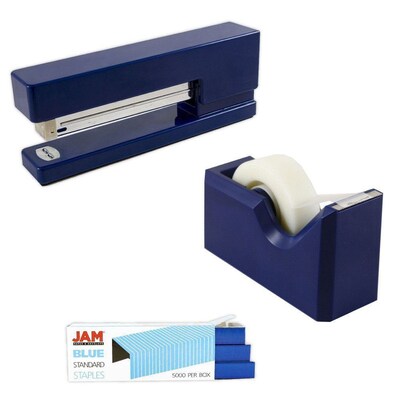 JAM Paper® Office & Desk Sets, (1) Tape Dispenser (1) Stapler (1) Pack of Staples, Navy and Blue, 3/pack