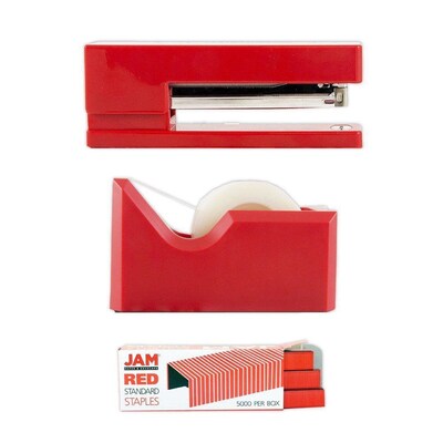 JAM PaperOffice & Desk Sets, (1) Tape Dispenser (1) Stapler (1) Pack of Staples, 20 Sheet Capacity, Red (33758RE)