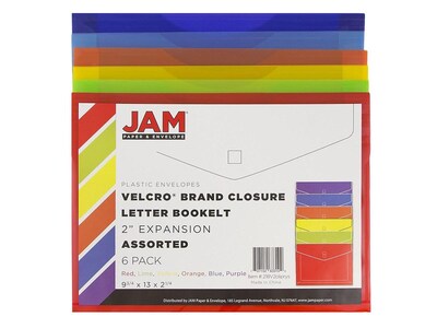 JAM Paper Plastic Envelopes with Hook & Loop Closure, 2" Expansion, Letter Size, Assorted Colors, 6/Pack (218V2OLIPRYS)