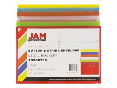 JAM Paper Poly Envelopes with Button & String Tie Closure , 1" Expansion, Legal Size, Assorted Colors, 6/Pack (219B1RLIGBYORCL)