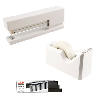 JAM PaperOffice & Desk Sets, (1) Tape Dispenser (1) Stapler (1) Pack of Staples, 20 Sheet Capacity, White and Black (33758WHbk)