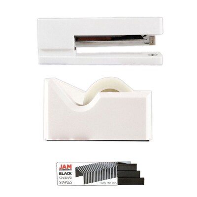 JAM PaperOffice & Desk Sets, (1) Tape Dispenser (1) Stapler (1) Pack of Staples, 20 Sheet Capacity, White and Black (33758WHbk)