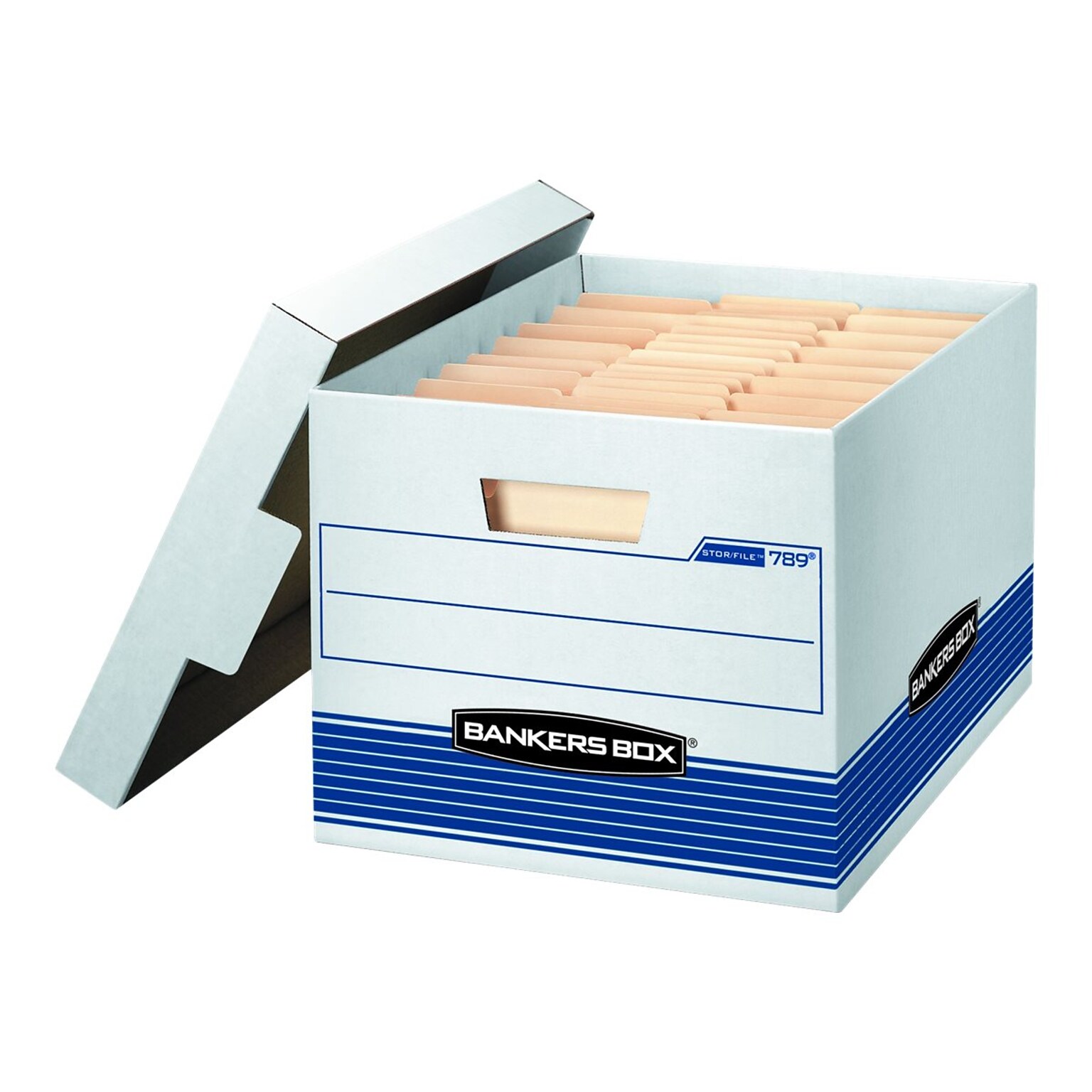 Bankers Box Stor/File™ Medium-Duty FastFold File Storage Boxes, Lift-Off Lid, Letter/Legal Size, White/Blue, 12/Carton (00789)