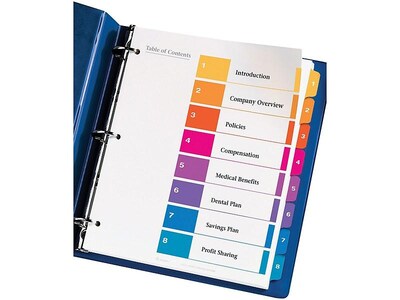 Avery Ready Index Table of Contents Pre-Printed Numeric Paper Divider, 8 Tabs, Multicolor, 6 Sets (11186)