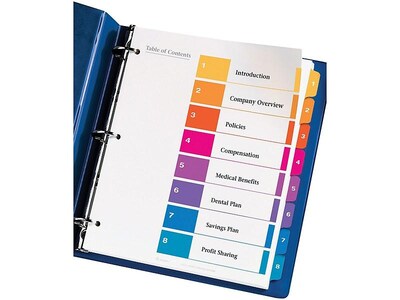 Avery Ready Index Table of Contents Paper Dividers, 1-8 Tabs, Multicolor, 6 Sets/Pack (11186)