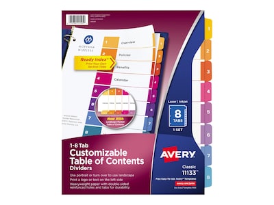 Avery Ready Index Table of Contents Paper Dividers, 1-8 Tabs, Multicolor (11133)