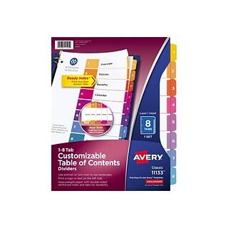Avery Ready Index Customizable Table of Contents Numeric Paper Dividers, 8-Tab, Multicolor (11133)