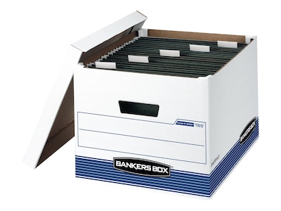 Bankers Box Medium-Duty FastFold Corrugated File Boxes, Lift-off Lid, Letter/Legal Size, White/Blue, 4/Carton (00785)