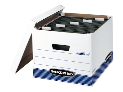 Bankers Box Medium-Duty FastFold Corrugated File Boxes, Lift-off Lid, Letter/Legal Size, White/Blue,