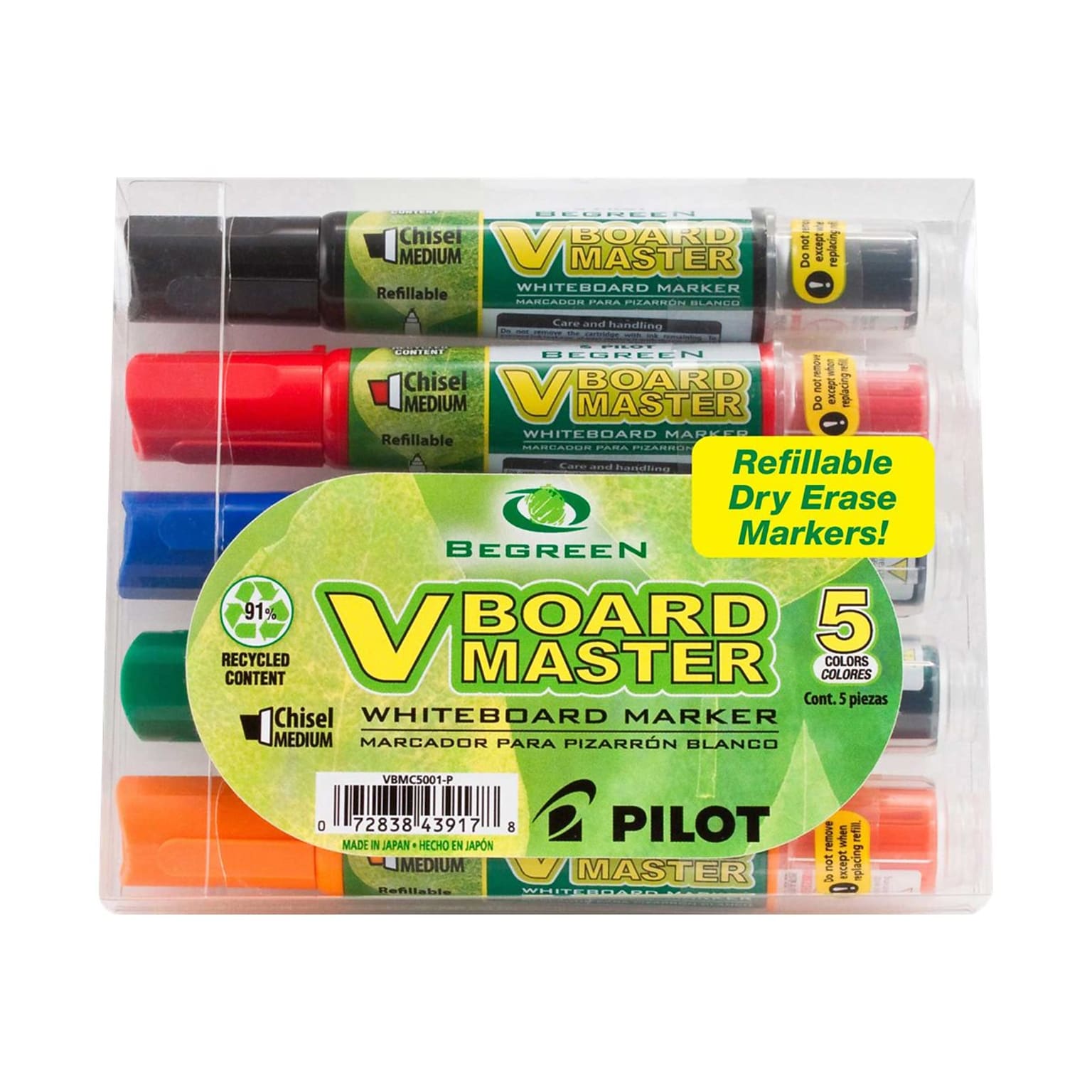 Pilot V Board Master BeGreen Refillable Dry Erase Markers, Chisel Tip, Assorted, 5/Pack (43917)