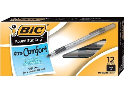 BIC Xtra Comfort Round Stic Grip Ballpoint Pens, Medium Point, Black Ink, Dozen (13726/GSMG11)