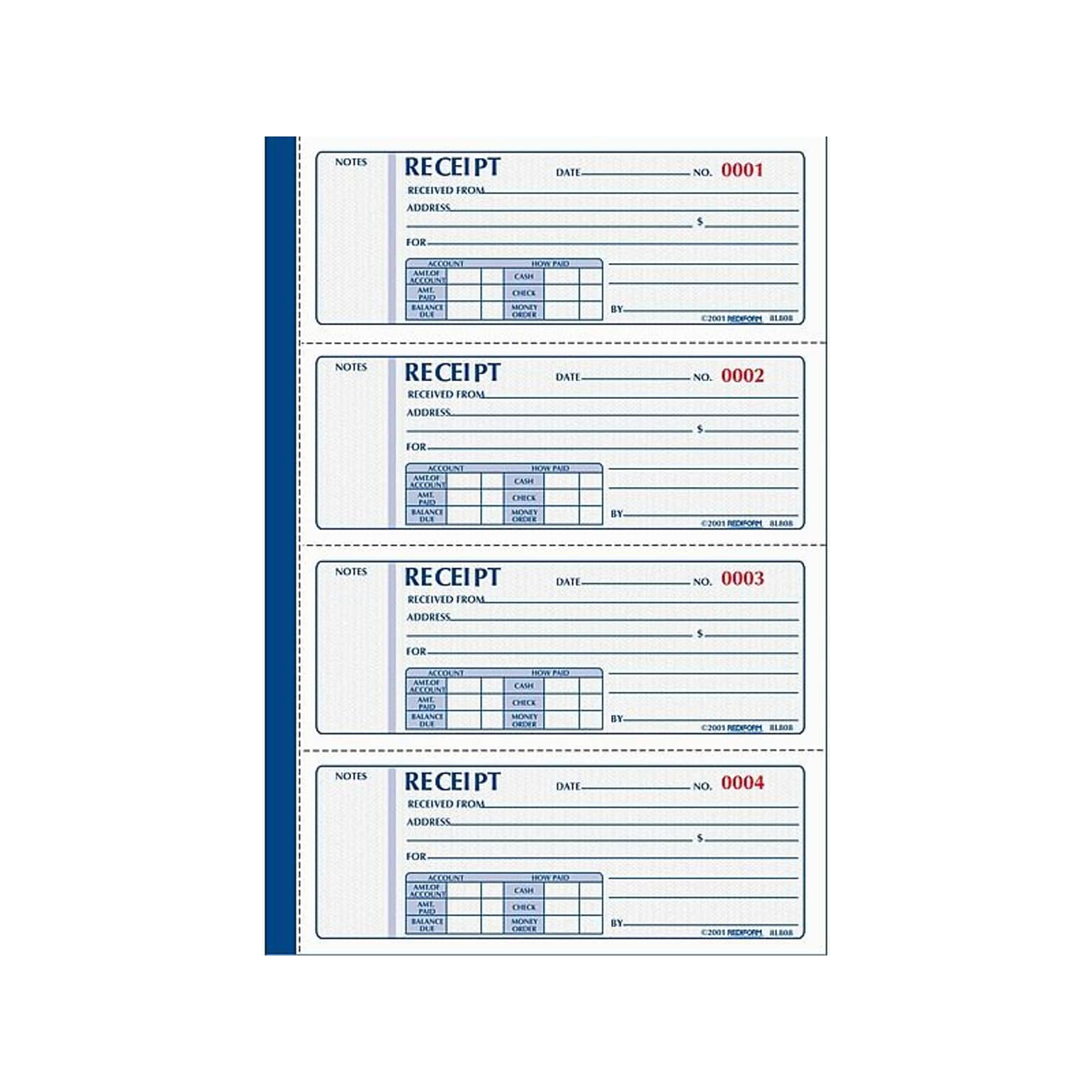 Rediform 3-Part Carbonless Receipts Pad, 7L x 2.7W, 100 Forms/Pad (8L808)