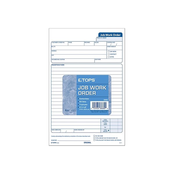 TOPS Job 3-Part Carbonless Work Orders, 8.62L x 5.67W, 50 Sets/Book (3868)