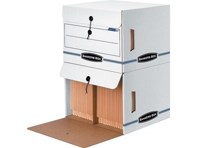 Bankers Box Side-Tab Drop-Front Corrugated File Storage Boxes, String & Button, Letter Size, White/B